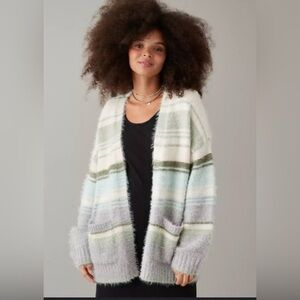 American Eagle Fuzzy Striped Open-Front Cardigan – Women’s Small